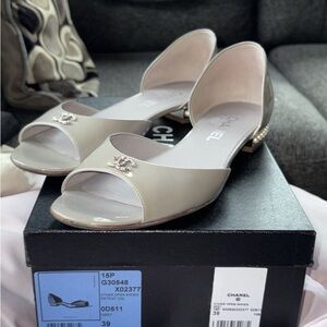 CHANEL Open-Toe D'Orsay Mules in Light Gray